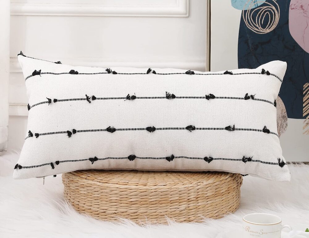 5624 Boho Long Lumbar Pillow Covers 16 x 26 Black,Classic Stripe Pattern